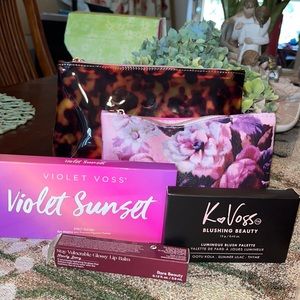Violet Sunset Eyeshadow, K Voss Highlighter, Lip Gloss, & 2 Make-Up Bags Bundle
